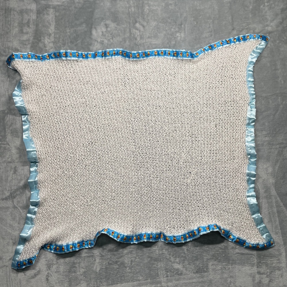 Winnie the Pooh Baby Knit Crochet Blanket Kid 30x35 White Blue Satin Ruffle Trim